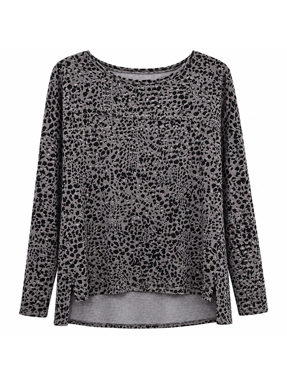 Wrap London long sleeve leopard gray print top. Hemp/cotton fabric. Women 16